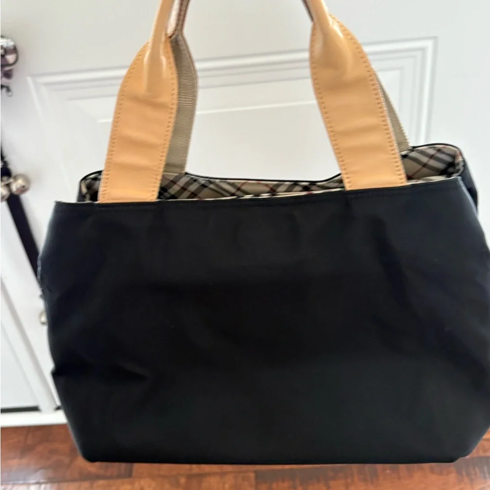 Burberry Black Canvas Tote/ Tan Leather Handles with Nova Check Bottom/Interior - Picture 12 of 16